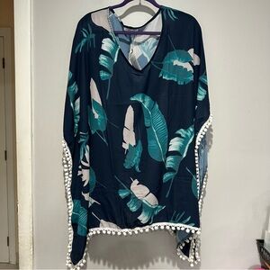 NEW Adreamly Navy Blue Leaves Swim Cover Up Tassels Beach Vacation XL